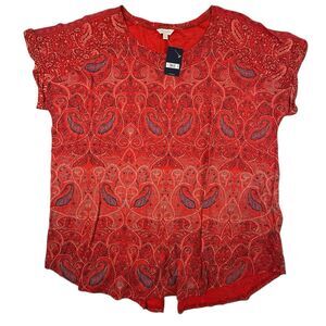 NEW Lucky Brand Red Paisley Print T-Shirt Top Women 3X Modal Split Back